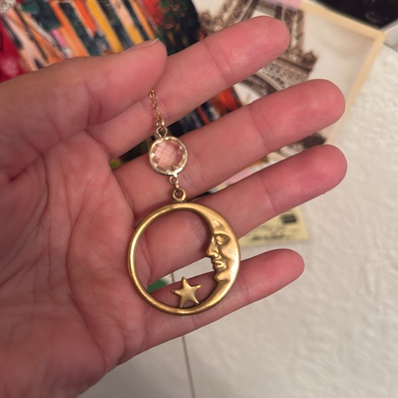 Celestial moon brass long dainty necklace - Picture 6 of 6